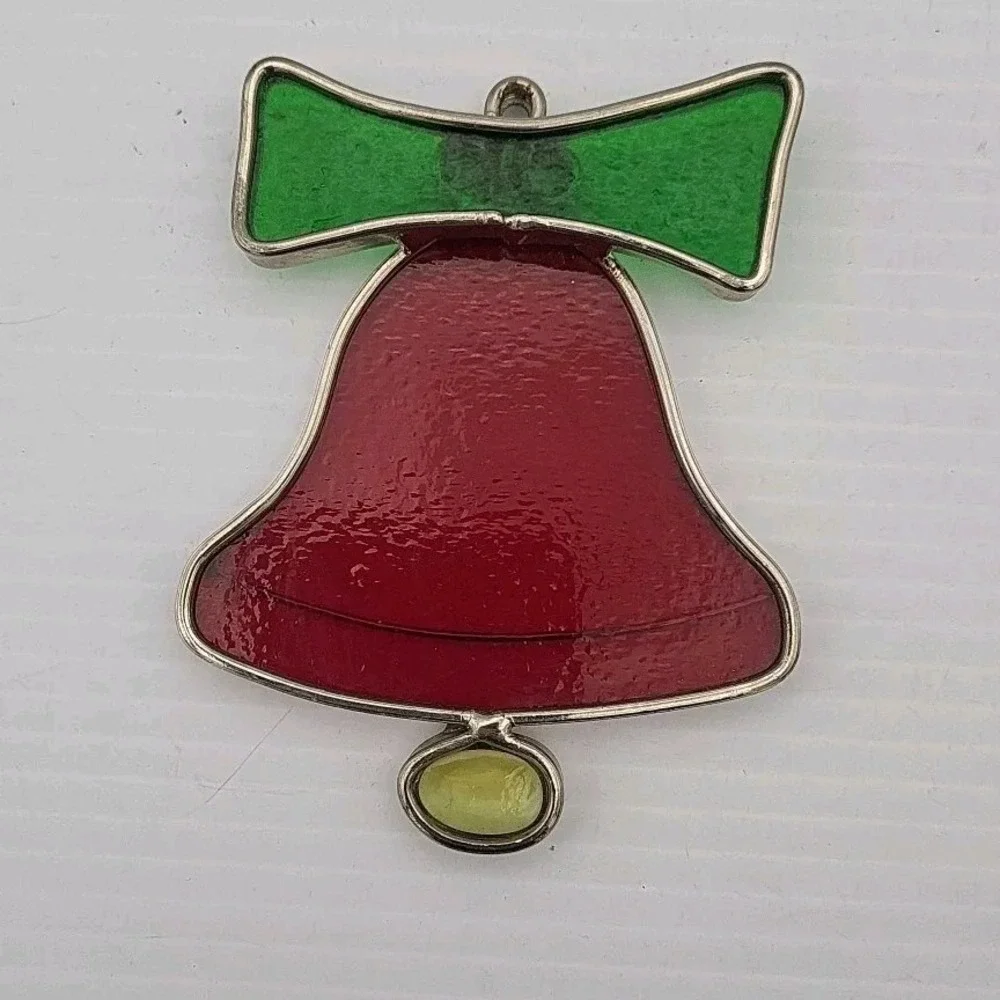 Vintage Christmas Bell Stained Glass Ornament Window Decoration Red Green Bow